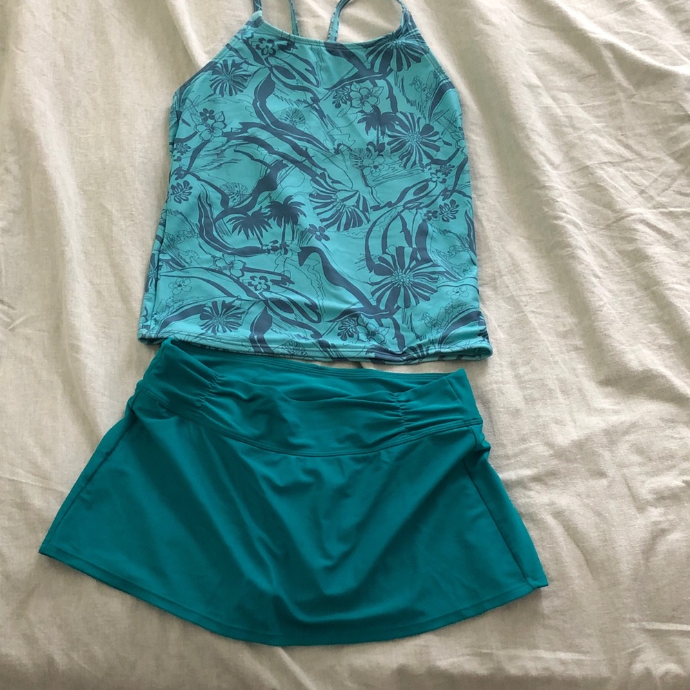 Athleta Turquoise Two-Piece Swim Tankini Set with Skirt